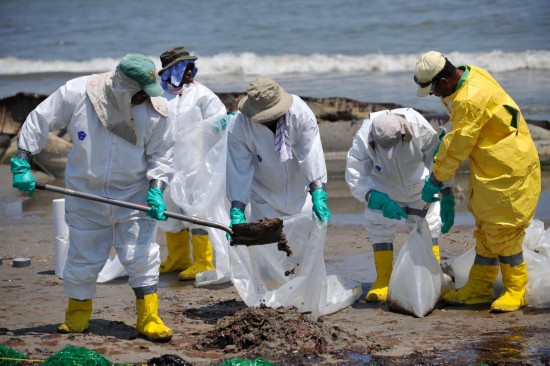 照片拍摄于2010年5月24日，在美国路易斯安那州南部的佛琼港，清洁工人正在清理海滩上的油污。新华社记者张军摄